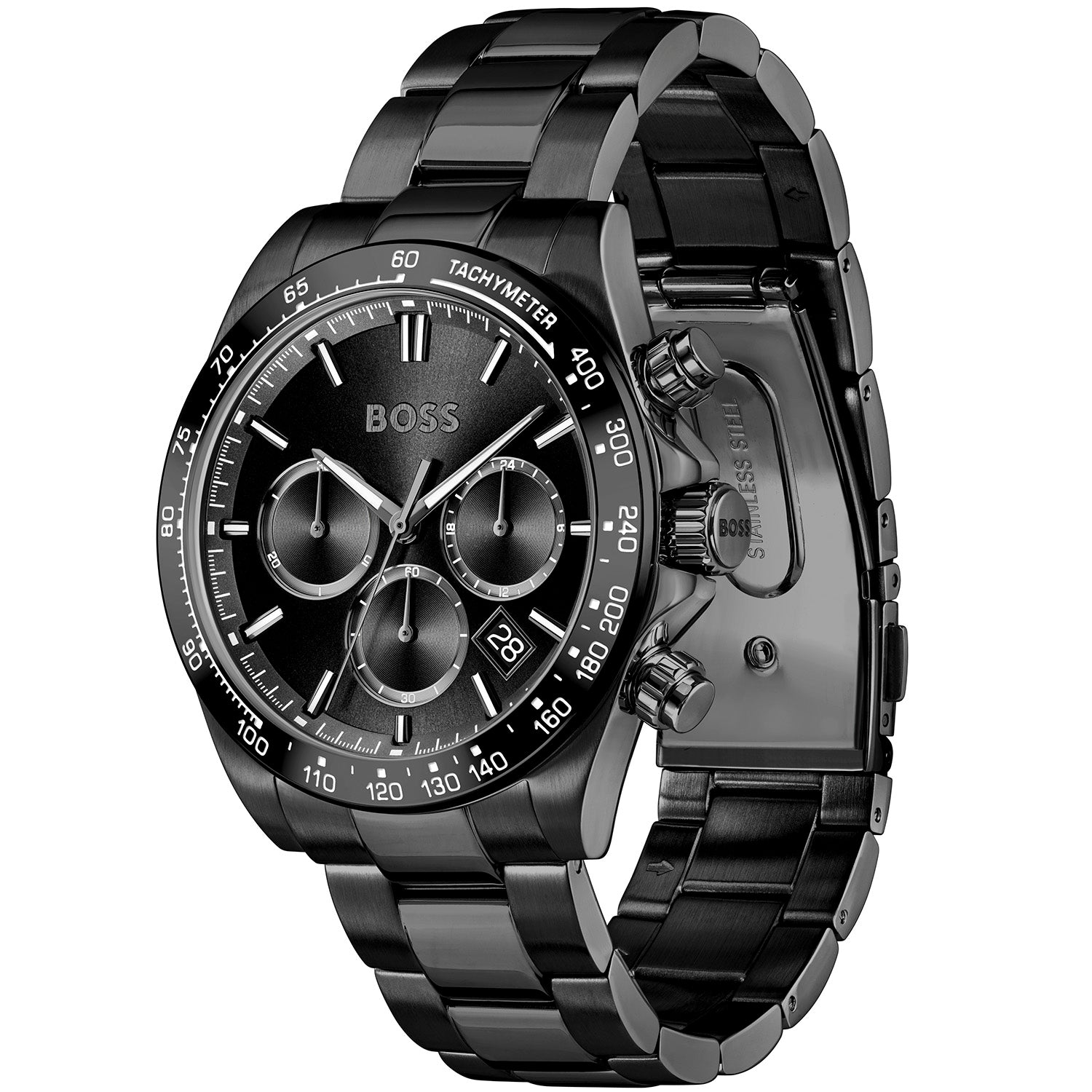 Herren-Chronographenarmbanduhr BOSS mit schwarzem Zifferblatt und Edelstahlarmband