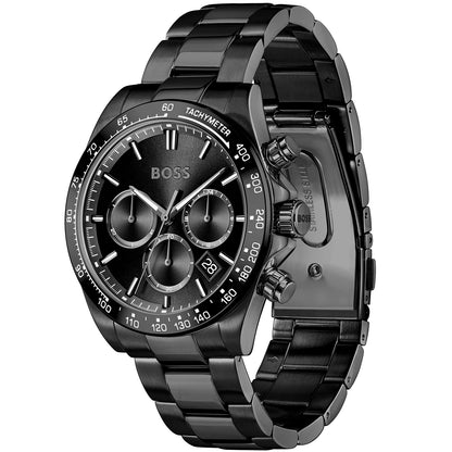 Herren-Chronographenarmbanduhr BOSS mit schwarzem Zifferblatt und Edelstahlarmband