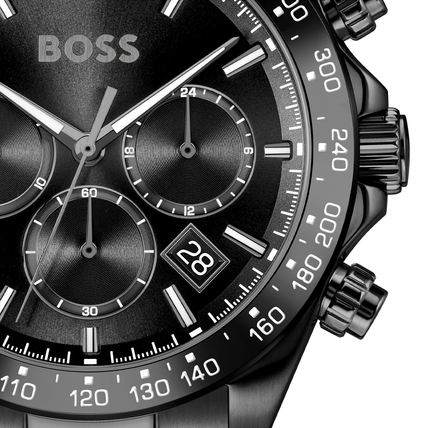 BOSS Chronographenarmbanduhr: schwarzes Zifferblatt mit Chrono-Subdials und Datumsanzeige