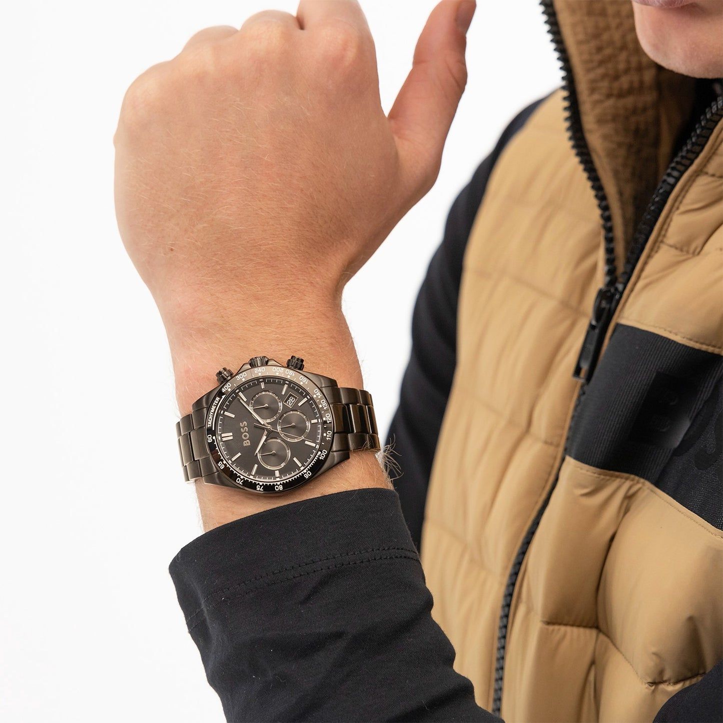 Herrenarmbanduhr mit schwarzem Edelstahlband und schwarzem Chronographenzifferblatt