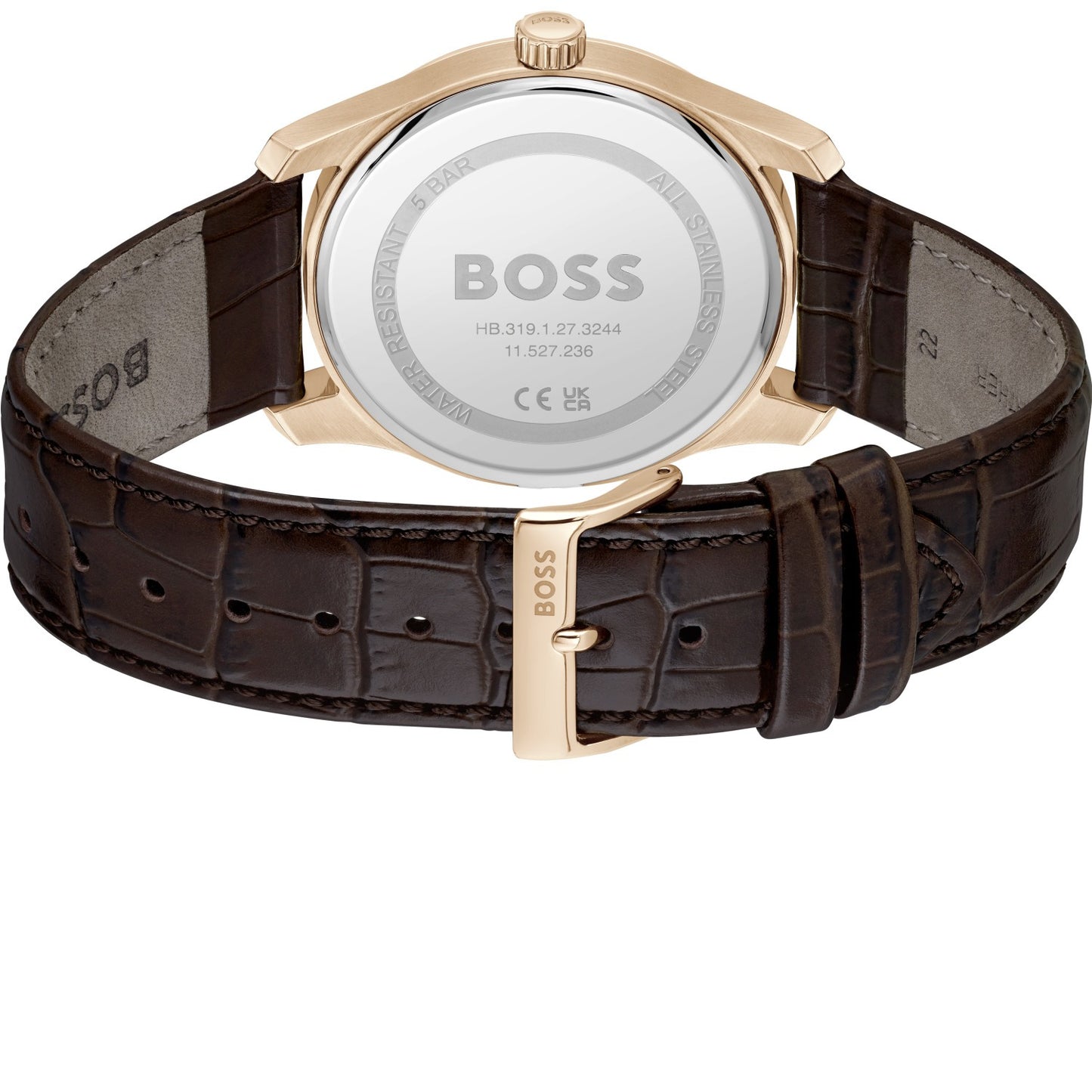 Rosenvergoldete Herrenarmbanduhr mit braunem Lederarmband, Gehäuseunterseite