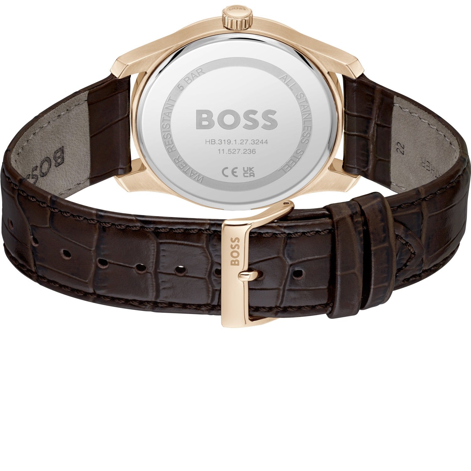 Rosenvergoldete Herrenarmbanduhr mit braunem Lederarmband, Gehäuseunterseite