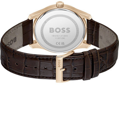 Rosenvergoldete Herrenarmbanduhr mit braunem Lederarmband, Gehäuseunterseite