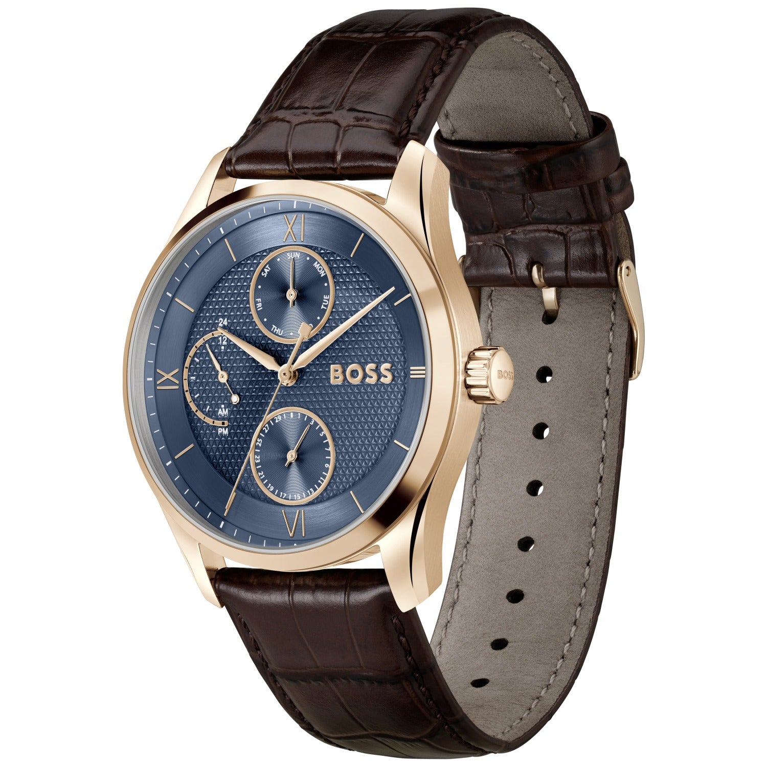 Herrenarmbanduhr mit blauem Zifferblatt, Chronograph-Optik und braunem Lederarmband