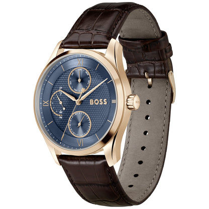 Herrenarmbanduhr mit blauem Zifferblatt, Chronograph-Optik und braunem Lederarmband