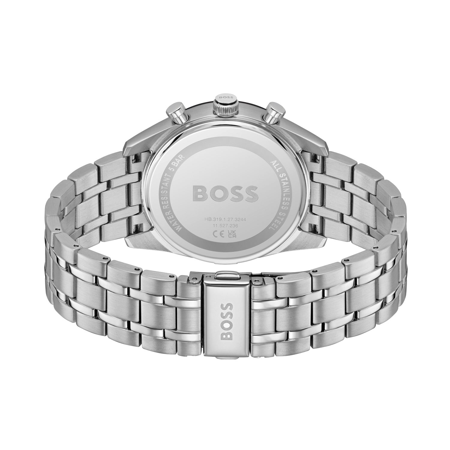 Rückseite einer BOSS Herrenarmbanduhr mit Edelstahlgliederband