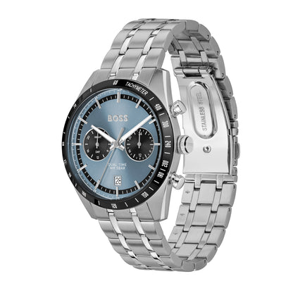 BOSS Herrenarmbanduhr mit blauem Zifferblatt, Edelstahlband und drei Hilfszifferblättern