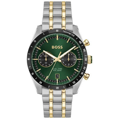 Herrenarmbanduhr BOSS mit grünem Zifferblatt, Tachymeter-Lünette und Edelstahlarmband mit Goldakzenten