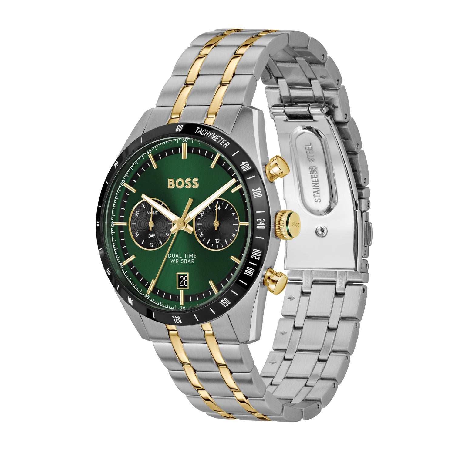 Herrenarmbanduhr mit grünem Zifferblatt, Edelstahlband mit goldenen Akzenten