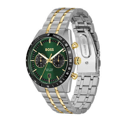 Herrenarmbanduhr mit grünem Zifferblatt, Edelstahlband mit goldenen Akzenten