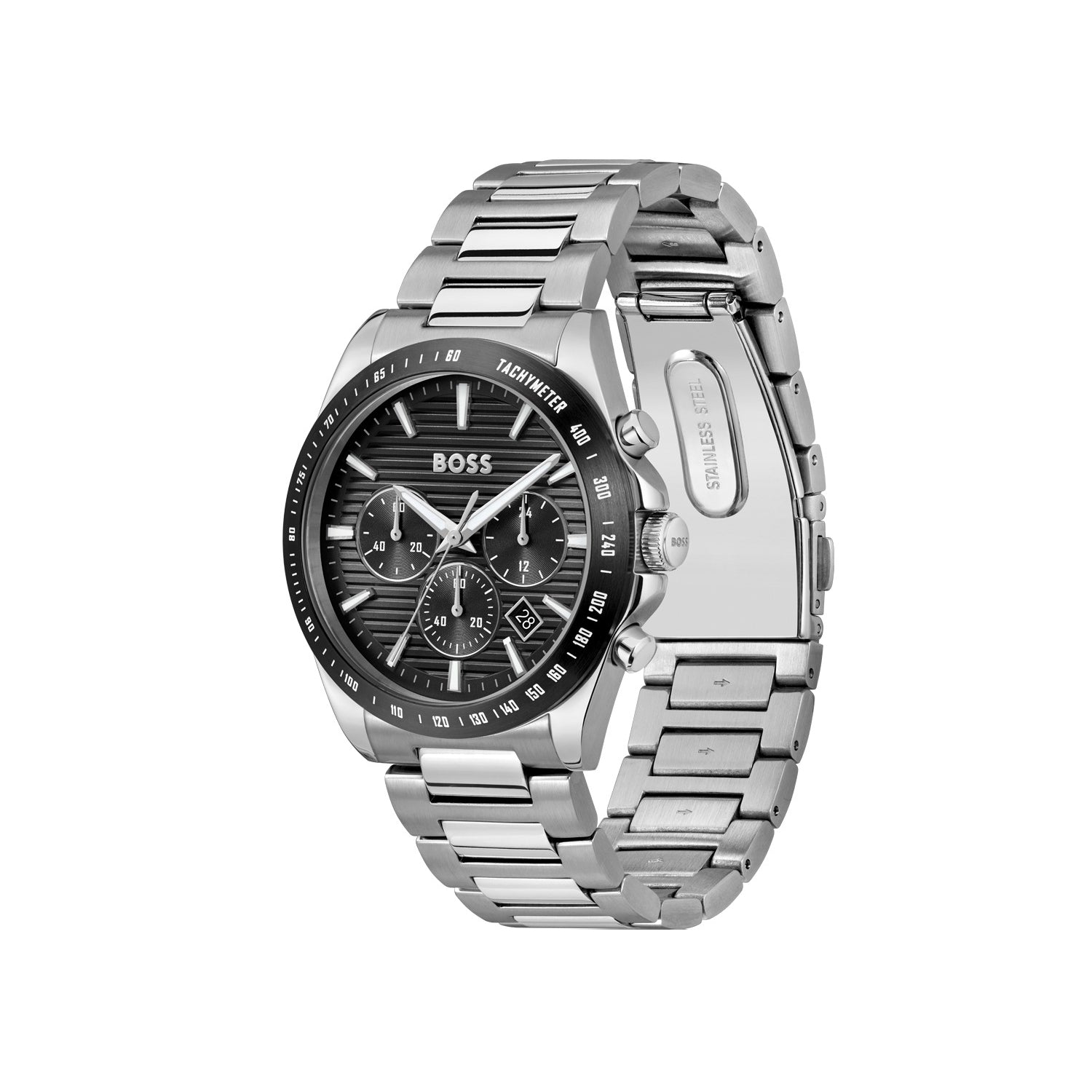 BOSS Chronograph Armbanduhr mit silbernem Metallarmband und schwarzem Zifferblatt
