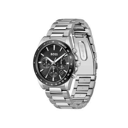 BOSS Chronograph Armbanduhr mit silbernem Metallarmband und schwarzem Zifferblatt