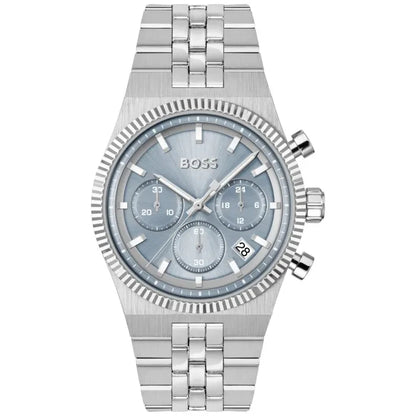 BOSS Candor Prime Herren-Armbanduhr mit Chronograph, Edelstahlband und hellblauem Zifferblatt