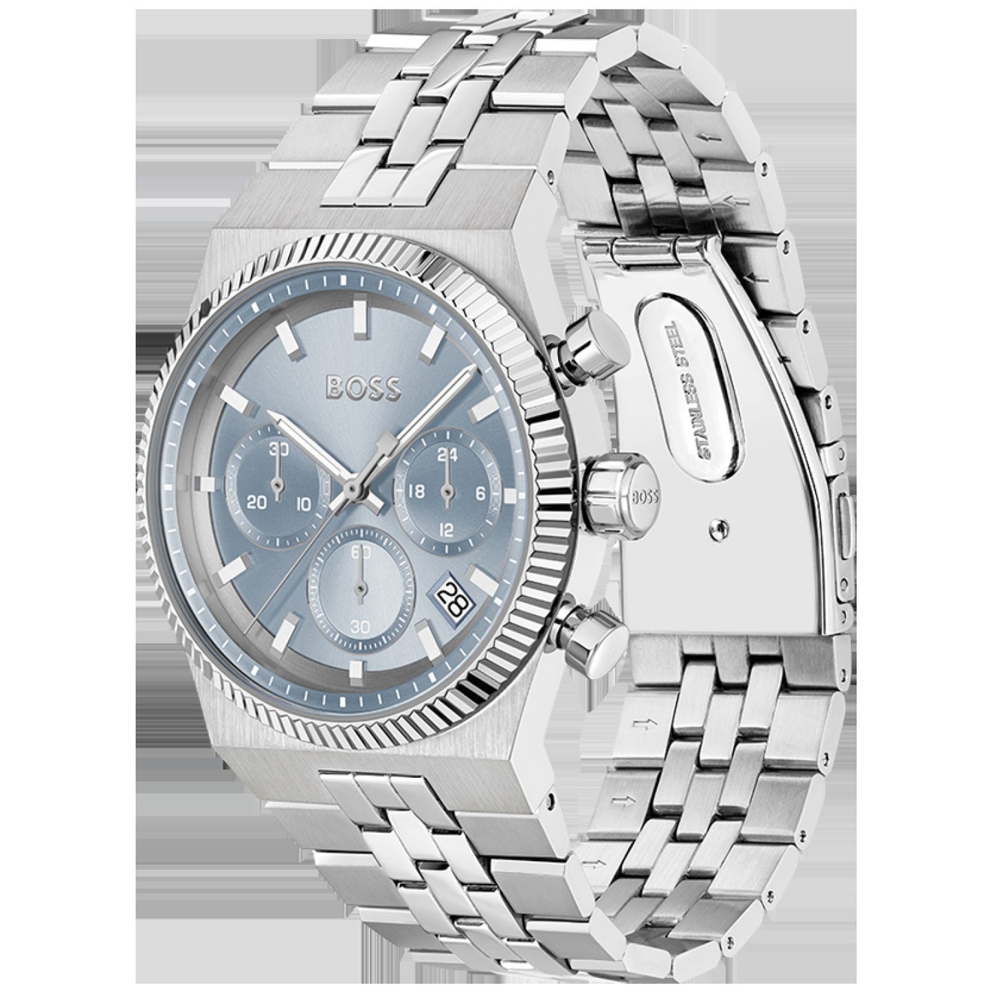 Herrenarmbanduhr mit hellblauem Zifferblatt, Chronographen-Subzifferblättern und Edelstahlband
