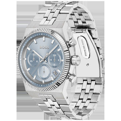 Herrenarmbanduhr mit hellblauem Zifferblatt, Chronographen-Subzifferblättern und Edelstahlband