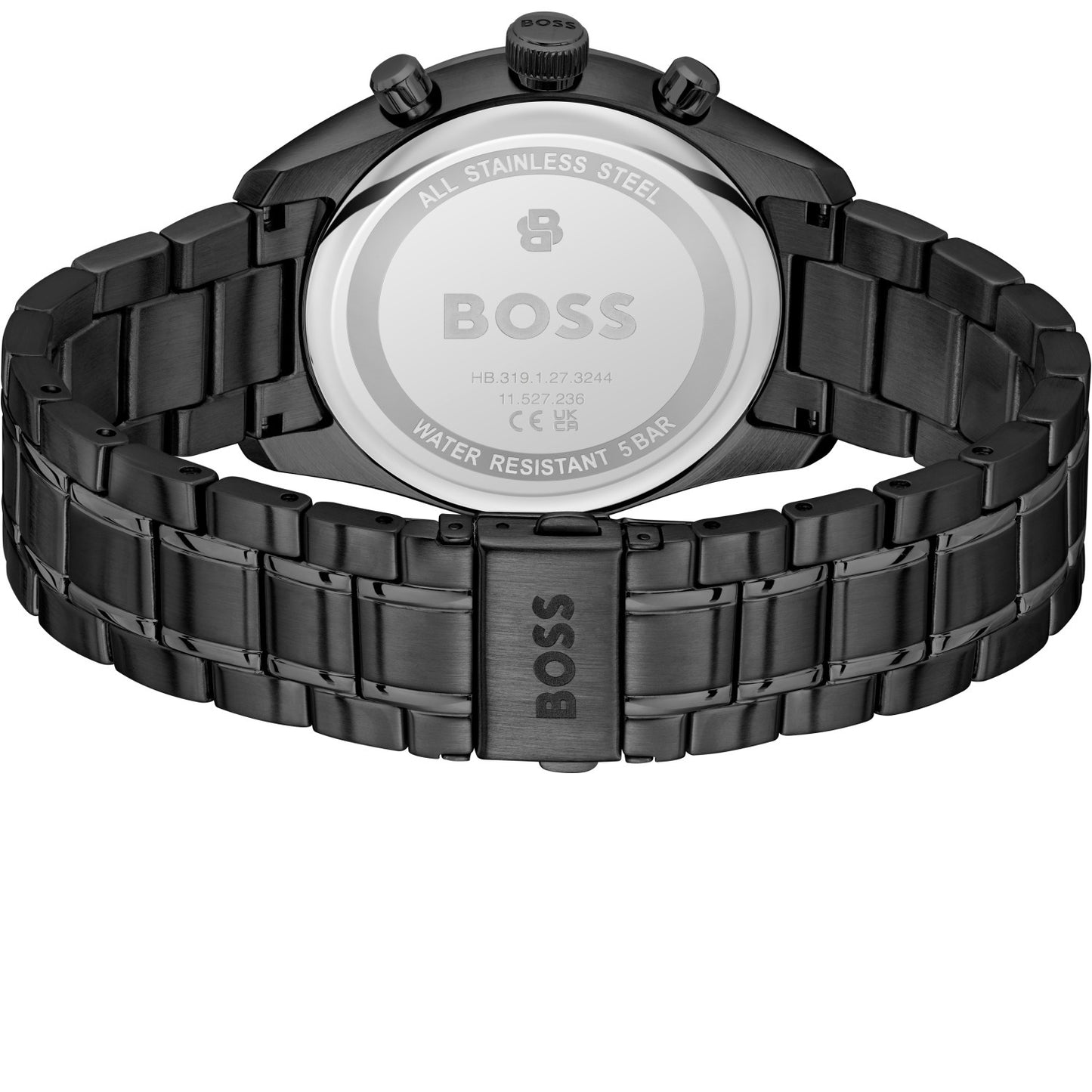 Rückseite der Herrenarmbanduhr BOSS mit Gehäuseboden und Metallarmband