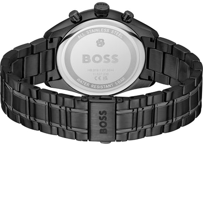 Rückseite der Herrenarmbanduhr BOSS mit Gehäuseboden und Metallarmband