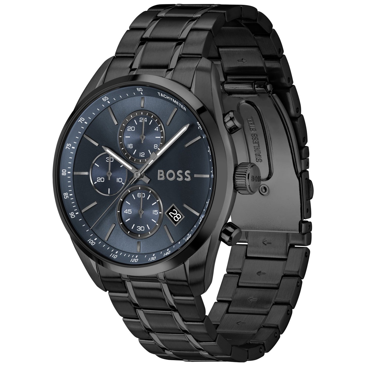 Herrenarmbanduhr BOSS mit blauem Chronographen-Zifferblatt und Tachymeter-Lünette, Metallband