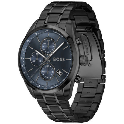 Herrenarmbanduhr BOSS mit blauem Chronographen-Zifferblatt und Tachymeter-Lünette, Metallband