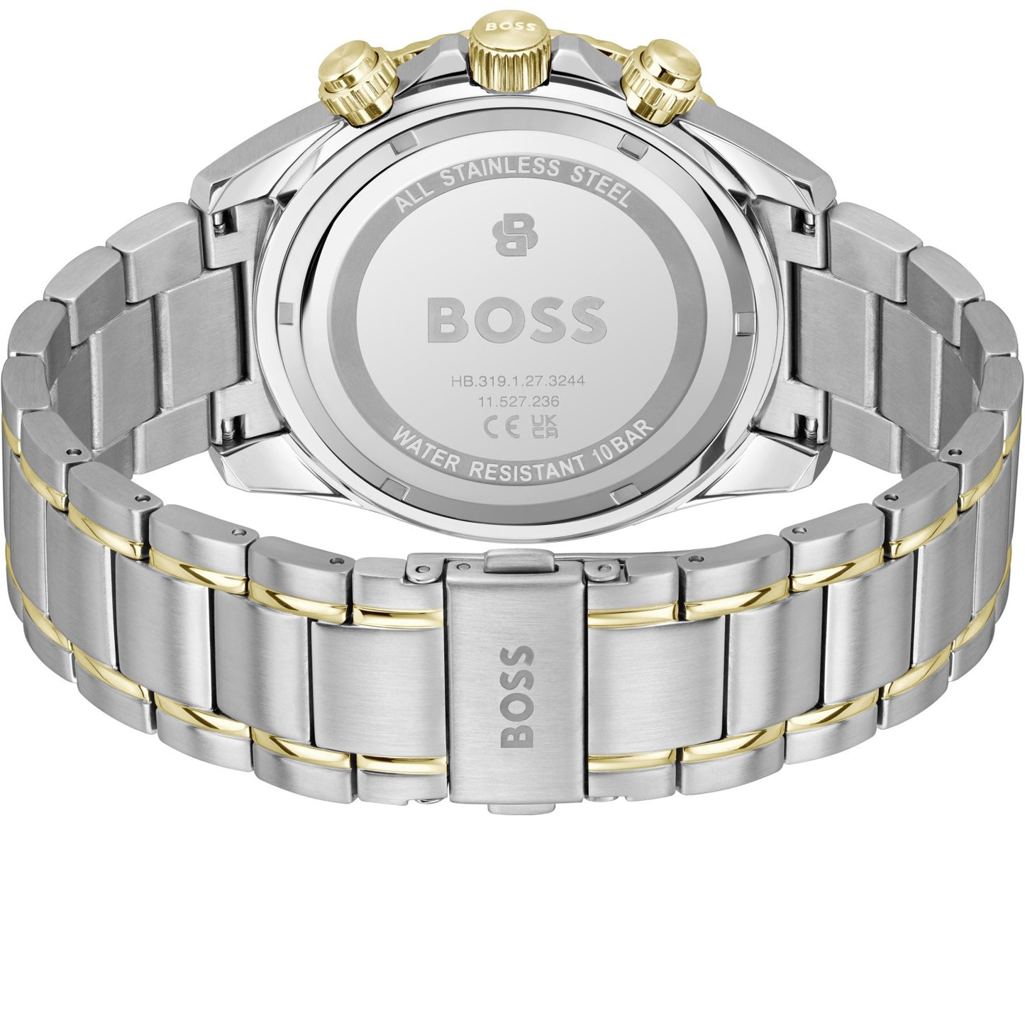 Rückansicht der Armbanduhr: Edelstahlarmband mit goldenen Akzenten und verschraubtem Gehäuseboden.