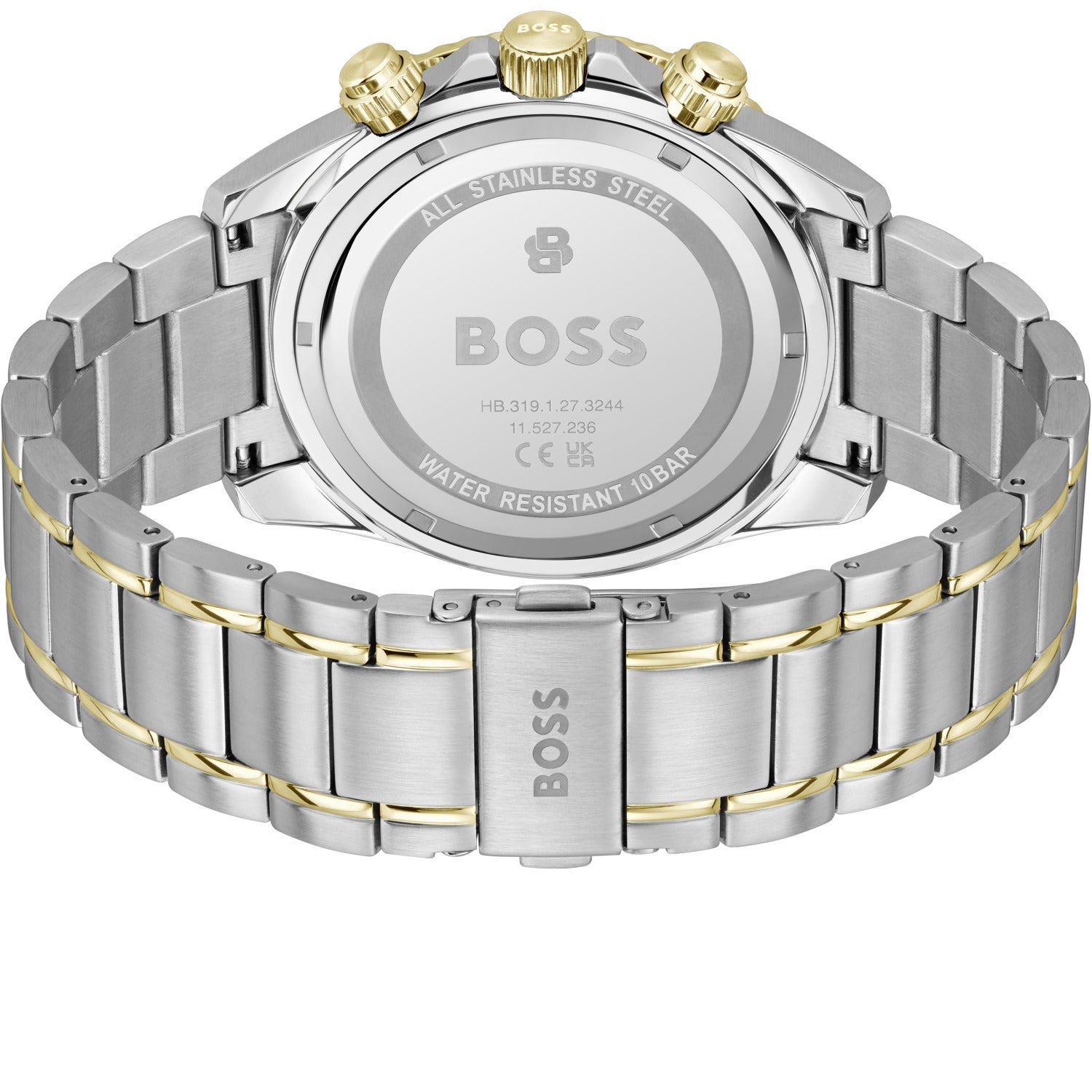 Rückansicht der Armbanduhr: Edelstahlarmband mit goldenen Akzenten und verschraubtem Gehäuseboden.