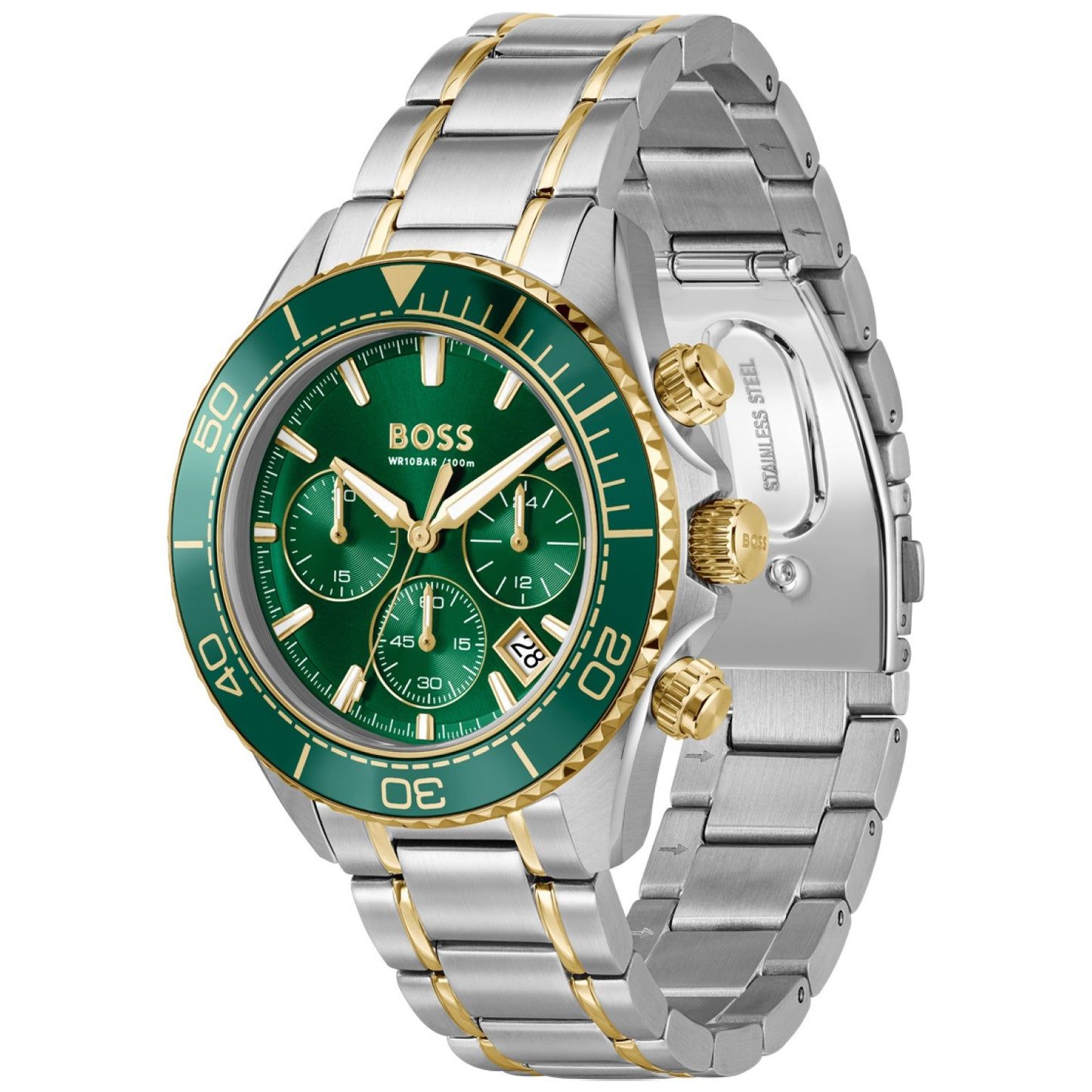 Armbanduhr mit grünem Zifferblatt, Chronographenanzeigen und zweifarbigem Edelstahlarmband.