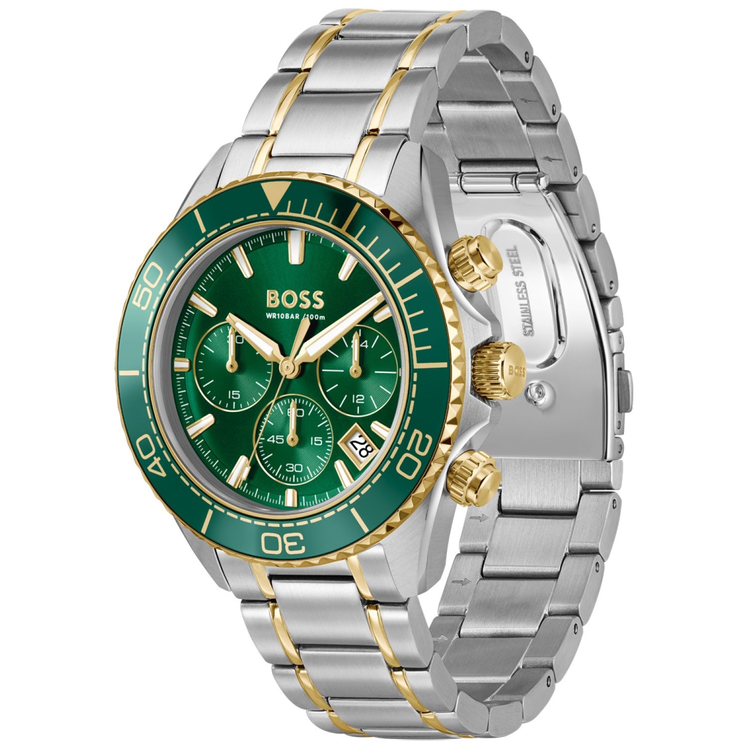 Armbanduhr mit grünem Zifferblatt, Chronographenanzeigen und zweifarbigem Edelstahlarmband.