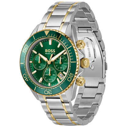 Armbanduhr mit grünem Zifferblatt, Chronographenanzeigen und zweifarbigem Edelstahlarmband.