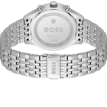 Herrenarmbanduhr Rückseite aus Edelstahl mit BOSS-Aufdruck und Wasserdicht-Angaben