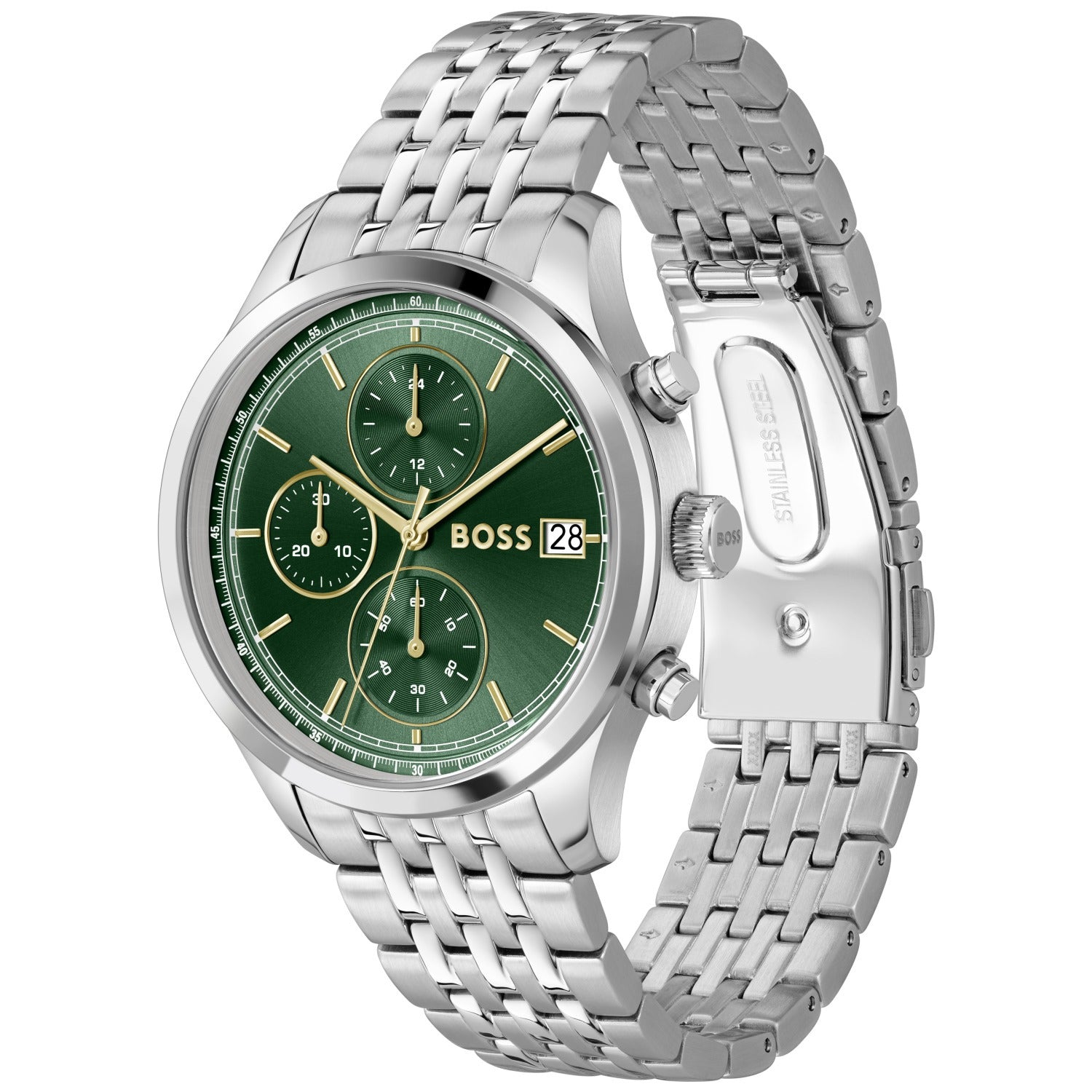 Herrenarmbanduhr BOSS mit grünem Zifferblatt und Edelstahlband, Chronographen-Optik