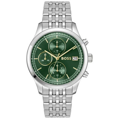 Herrenarmbanduhr BOSS mit grünem Zifferblatt, Chronographen-Zählern und Edelstahlarmband