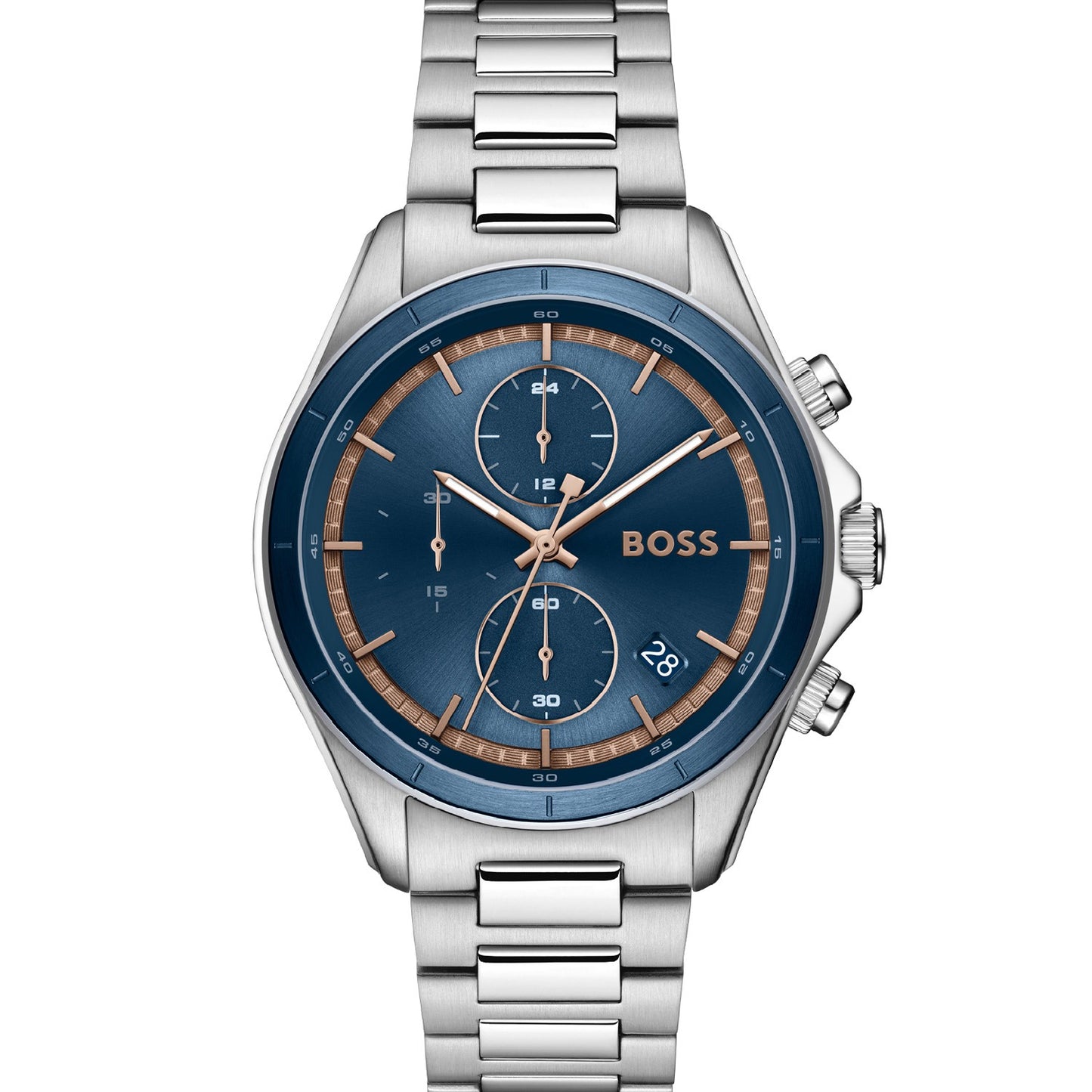 Herrenarmbanduhr mit blauem Zifferblatt, silbernem Edelstahlarmband und Chrono-Design