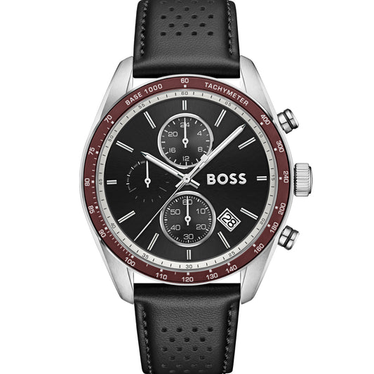 Herrenuhr: schwarzes Zifferblatt, drei Chronographen-Subdials, Tachymeter-Lünette, Lederband