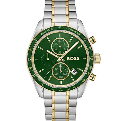 Herrenarmbanduhr BOSS mit grünem Zifferblatt, Chronographen-Subdials und Edelstahlarmband.