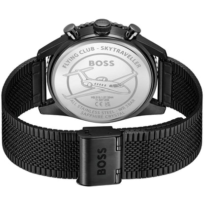 Rückseite des Herren-Chronographen BOSS, schwarzer Edelstahlboden, Mesharmband