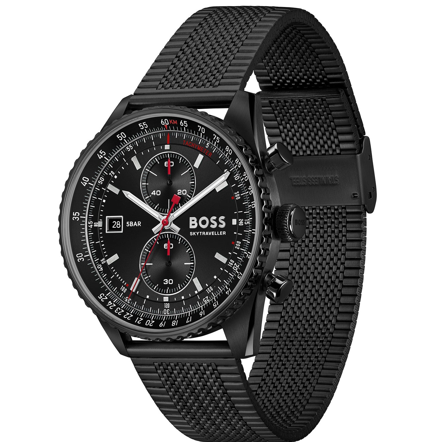 Herren-Chronograph BOSS mit Tachymeter, schwarzes Zifferblatt, Lünette, Mesharmband