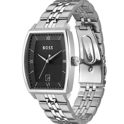 Herrenarmbanduhr mit schwarzem Zifferblatt, silbernem Edelstahlgehäuse und seitlicher Krone