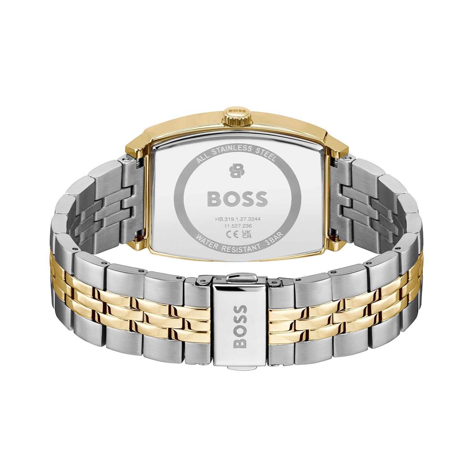 Herren-Armbanduhr, Metallarmband zweifarbig; Gehäuse-Rückseite mit BOSS-Logo