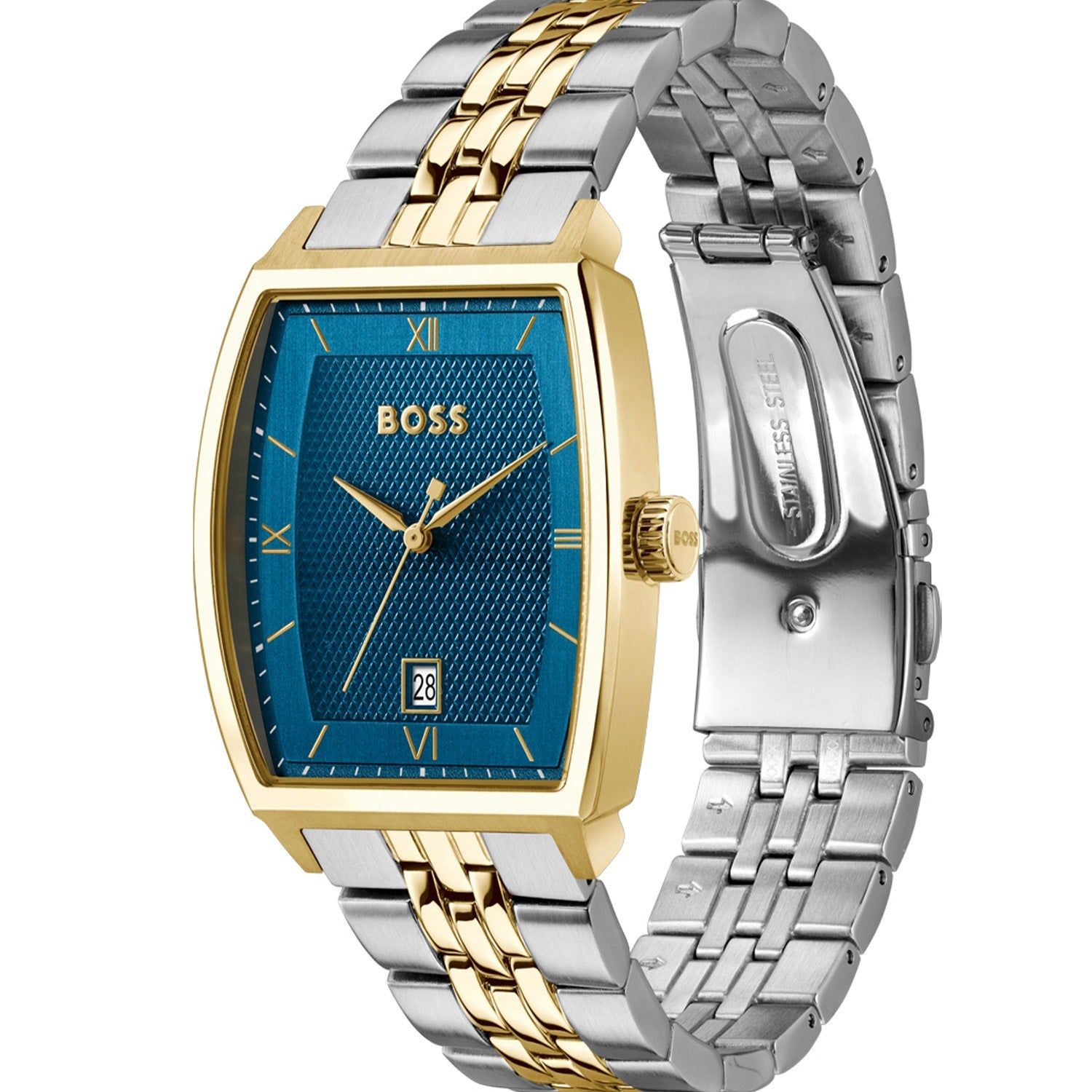 Herren-Armbanduhr mit blauem Zifferblatt, goldfarbenem Gehäuse und Metallarmband