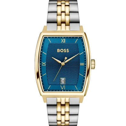 BOSS Herren-Armbanduhr mit blauem Zifferblatt, goldfarbenem Gehäuse und zweifarbigem Metallband