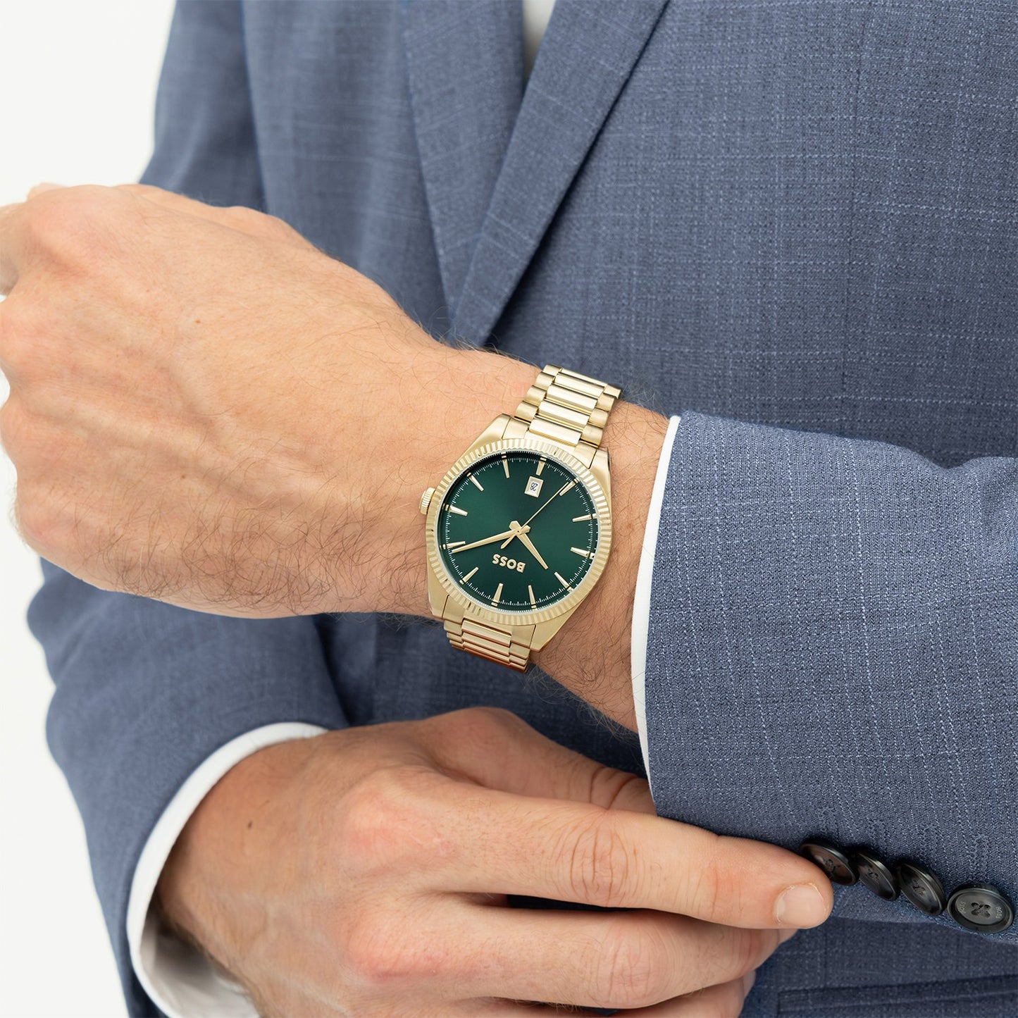 Herrenarmbanduhr BOSS mit goldenem Metallband und grünem Zifferblatt