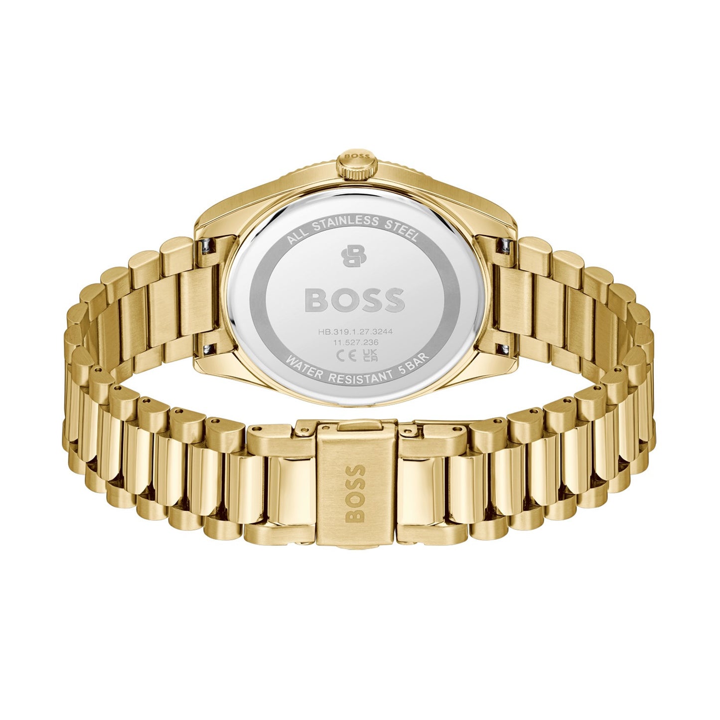 BOSS Armbanduhr mit goldenem Metallarmband, Gehäuseboden mit Aufschrift