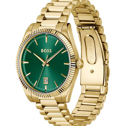 BOSS Herrenarmbanduhr mit goldenem Gehäuse, grünem Zifferblatt und Datumsanzeige
