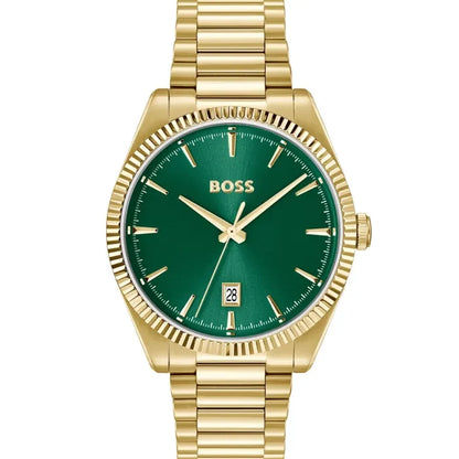 BOSS Herrenarmbanduhr mit goldfarbenem Metallband, grünem Zifferblatt und Datumsanzeige