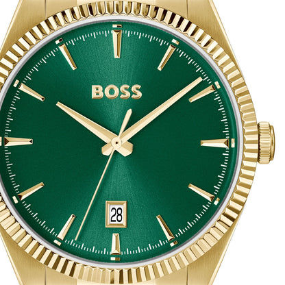 BOSS Armbanduhr-Zifferblatt mit grünem Finish, goldenen Zeigern und Datumsfeld