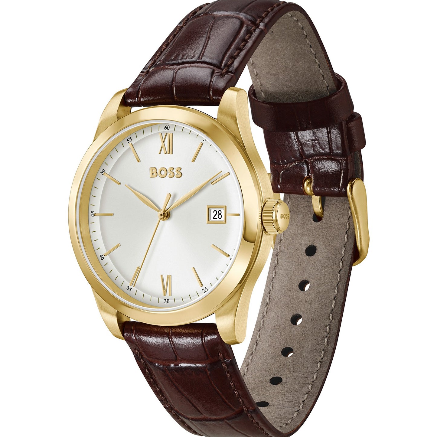Herrenarmbanduhr mit braunem Krokoprägeband, goldfarbener Lünette und Datumsfenster