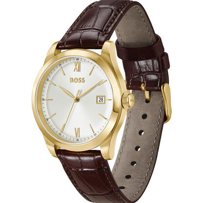 Herrenarmbanduhr mit braunem Krokoprägeband, goldfarbener Lünette und Datumsfenster