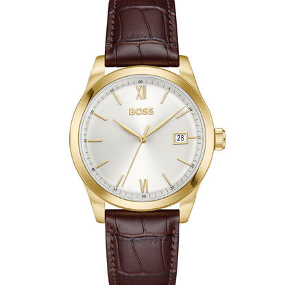 Herrenarmbanduhr mit goldfarbener Lünette, weißem Zifferblatt und braunem Lederband