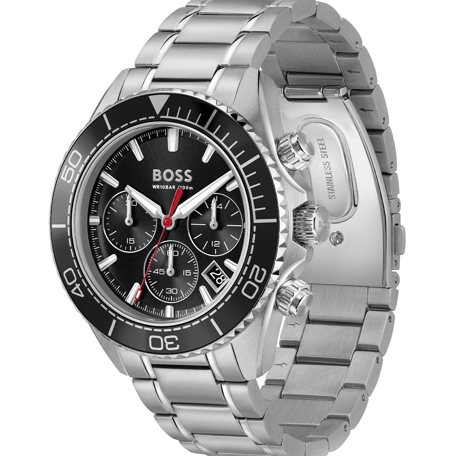 BOSS Herrenarmbanduhr, silbernes Edelstahlgehäuse, schwarzes Zifferblatt mit Chronograph