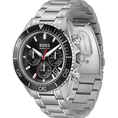 BOSS Herrenarmbanduhr, silbernes Edelstahlgehäuse, schwarzes Zifferblatt mit Chronograph